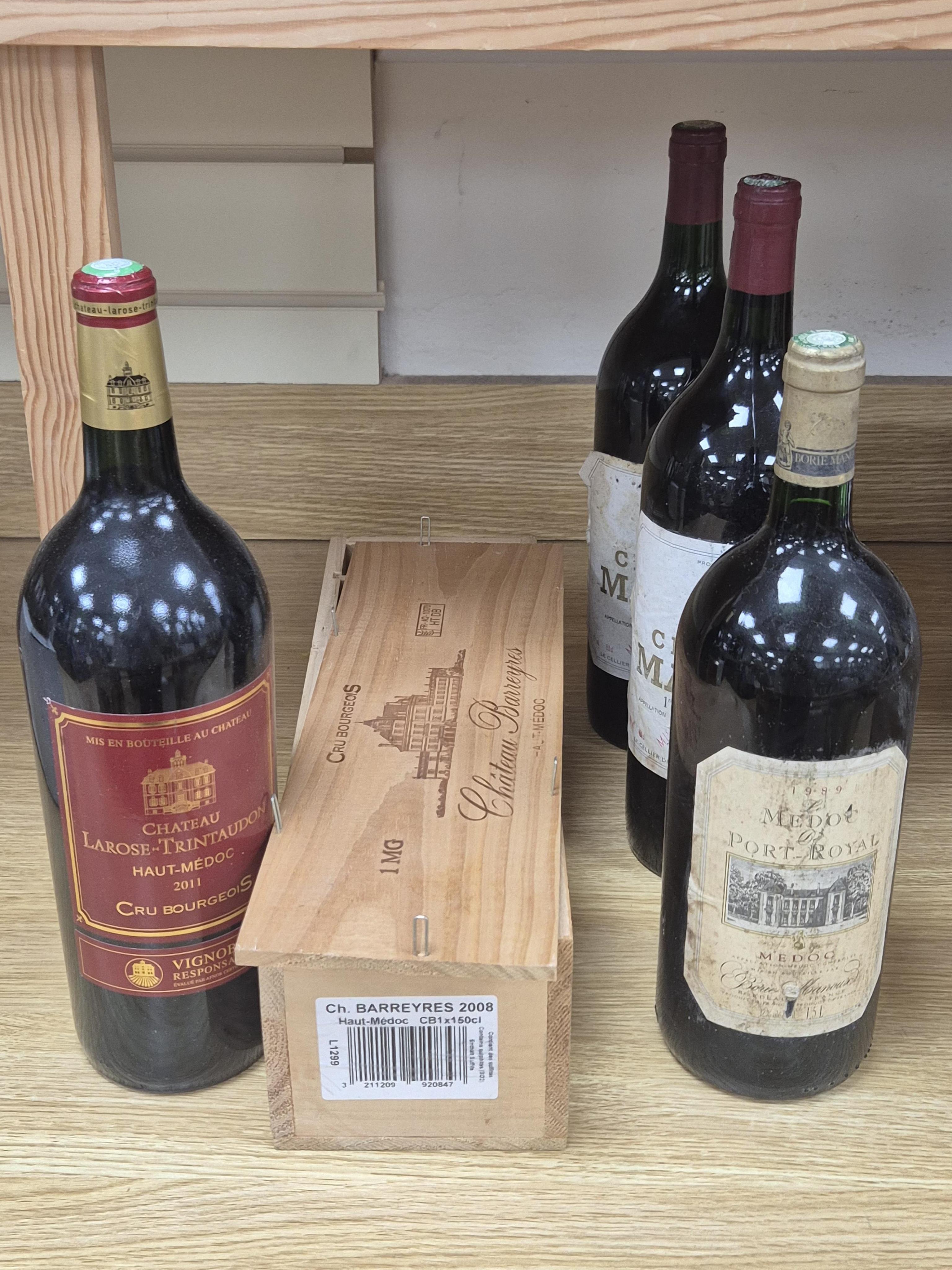 A magnum of Chateau Barreyres haut medoc, 2008, cased and four other magnums of red Bordeaux